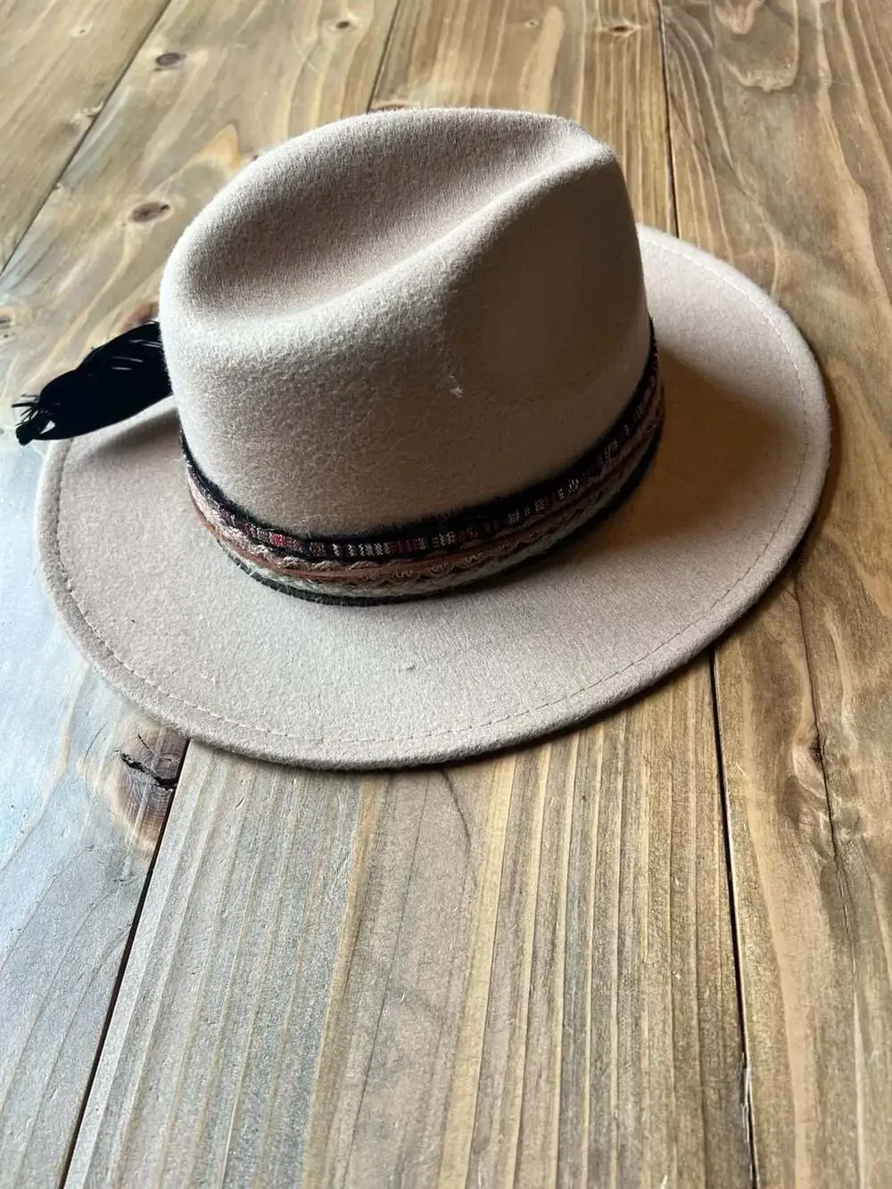 IN Designer Boho Style Tan Wide Brim Fedora Hat with Decorative Beaded Band and